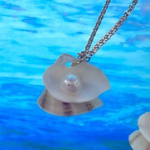 Freshwater pearl in shell on gold chain necklace
